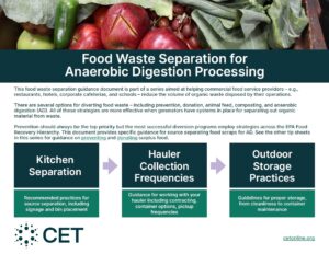 food waste separation Cover of CET's Food Waste Separation for Anaerobic Digestion Processing guide featuring fresh produce and food scraps, with an overview of source separation practices and three key focus areas: kitchen separation, hauler collection frequencies, and outdoor storage practices.