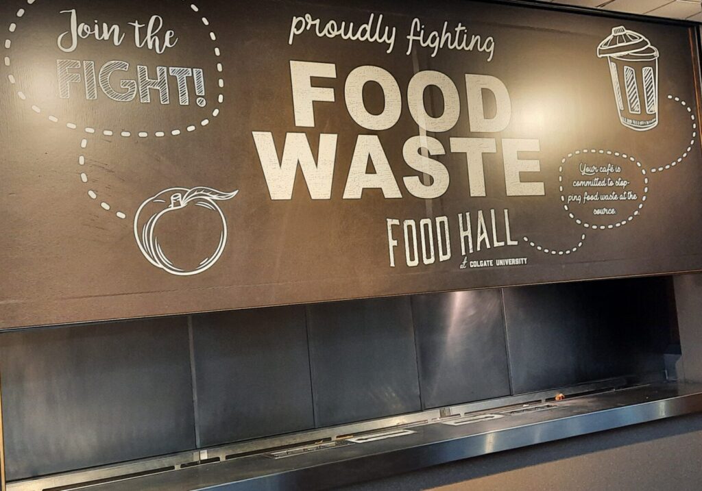 A sign in the Colgate University dining hall celebrating Colgate’s commitment to composting and reducing food waste.