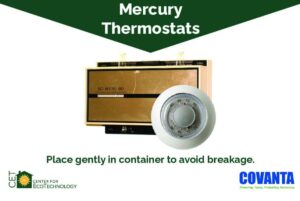 Mercury thermostat used in older heating systems that contains mercury and should be recycled through a household hazardous waste collection program.