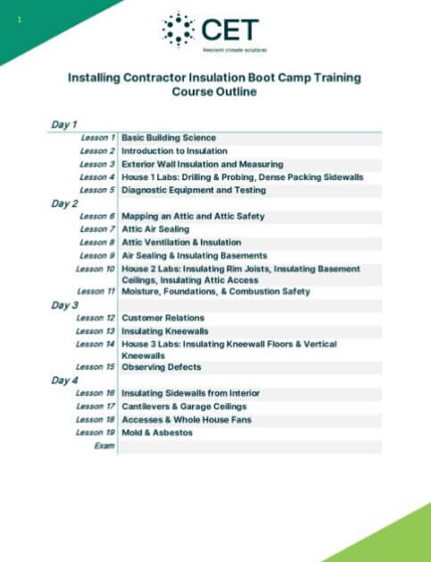 installing contractor insulation boot camp training Course outline training layout