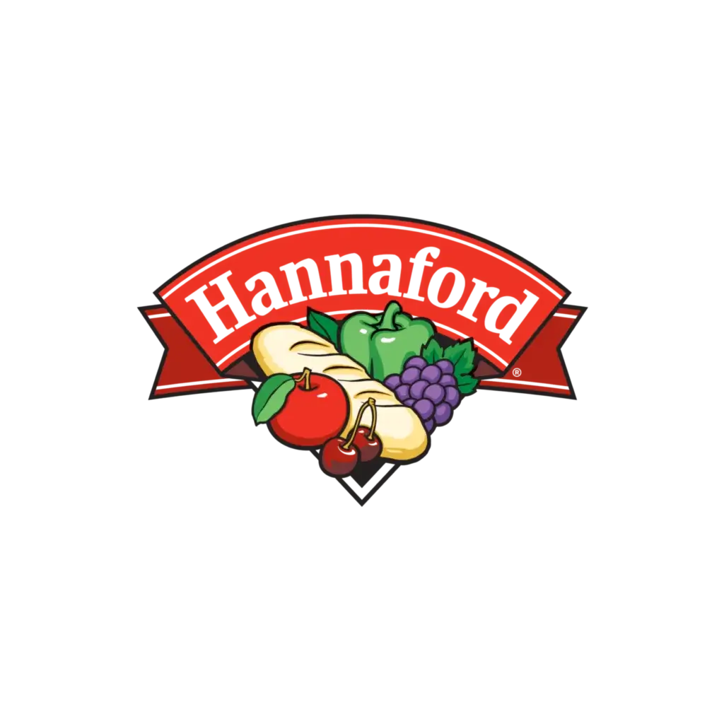 Hannaford logo — red ribbon banner with “Hannaford” above assorted produce (apple, cherry, banana, green bell pepper, grapes).