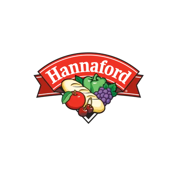 Hannaford logo — red ribbon banner with “Hannaford” above assorted produce (apple, cherry, banana, green bell pepper, grapes).