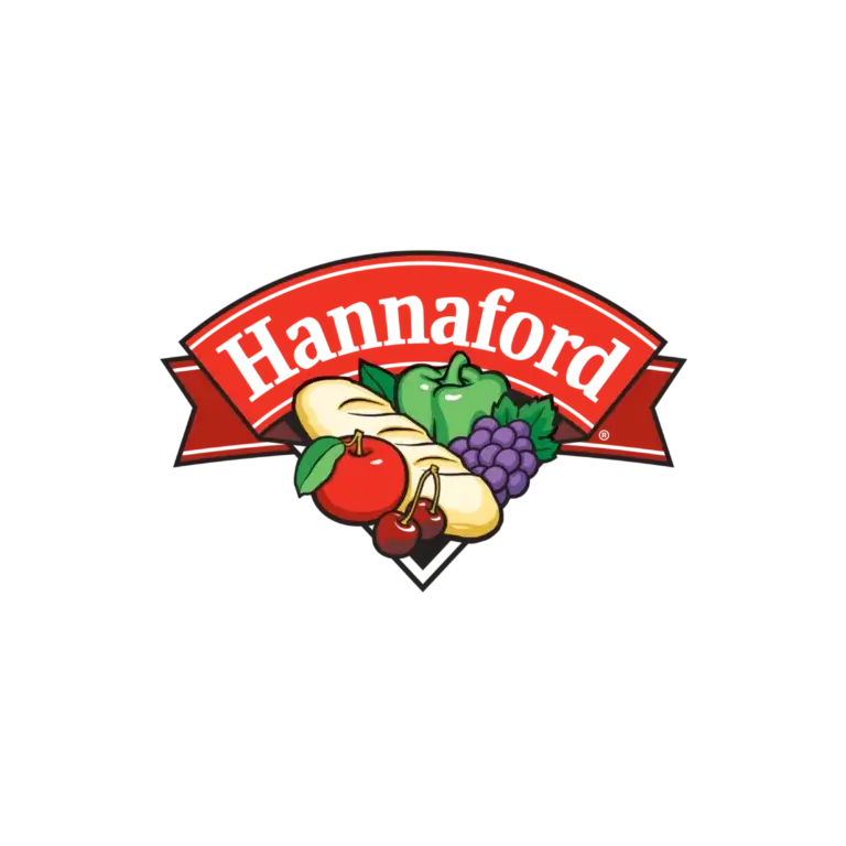 Hannaford logo — red ribbon banner with “Hannaford” above assorted produce (apple, cherry, banana, green bell pepper, grapes).