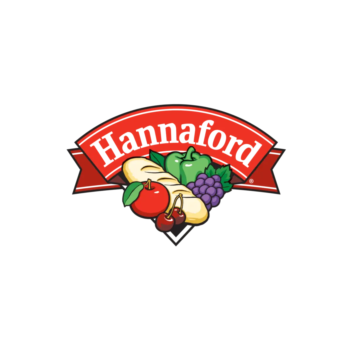 Hannaford logo — red ribbon banner with “Hannaford” above assorted produce (apple, cherry, banana, green bell pepper, grapes).