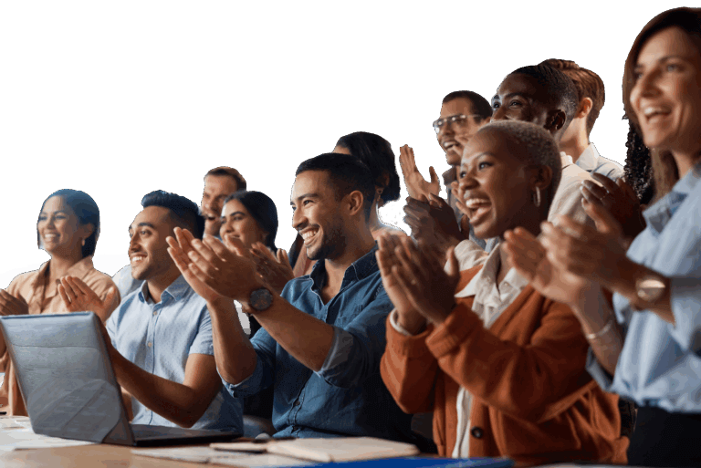 crowd of people smiling and clapping