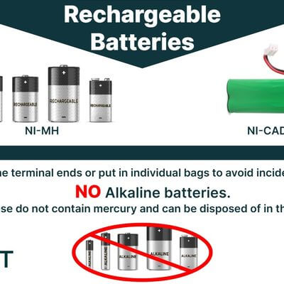 Graphic showing examples of rechargeable batteries accepted for recycling, including Ni-MH and Ni-CAD batteries. The sign instructs users to tape battery terminals or place batteries in individual bags to prevent accidental contact. It also states that alkaline batteries are not accepted because they do not contain mercury and can be disposed of in the trash. The CET logo appears in the bottom left corner.