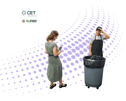 Two people talking and reviewing notes together, with CET and ReFED logos and a graphic pattern in the background, representing collaboration on wasted food reduction initiatives.