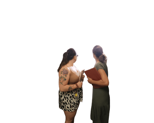 Two people talking and reviewing notes together, with CET and ReFED logos and a graphic pattern in the background, representing collaboration on wasted food reduction initiatives.