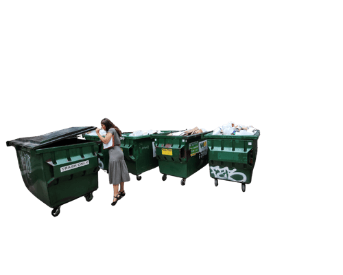 Person placing items into a row of green dumpsters, with bins labeled for trash and recycling, illustrating waste disposal and sorting.