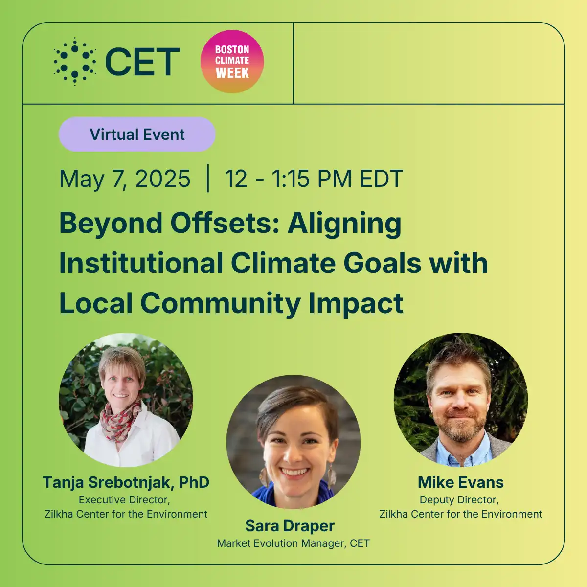 Promotional graphic for the virtual event Beyond Offsets on May 7.