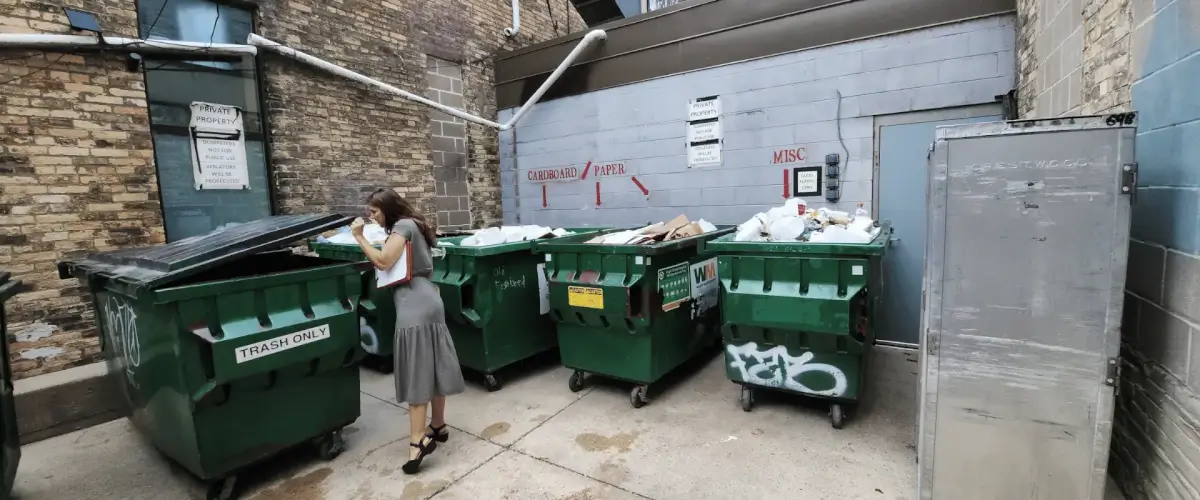 Person placing items into green dumpsters