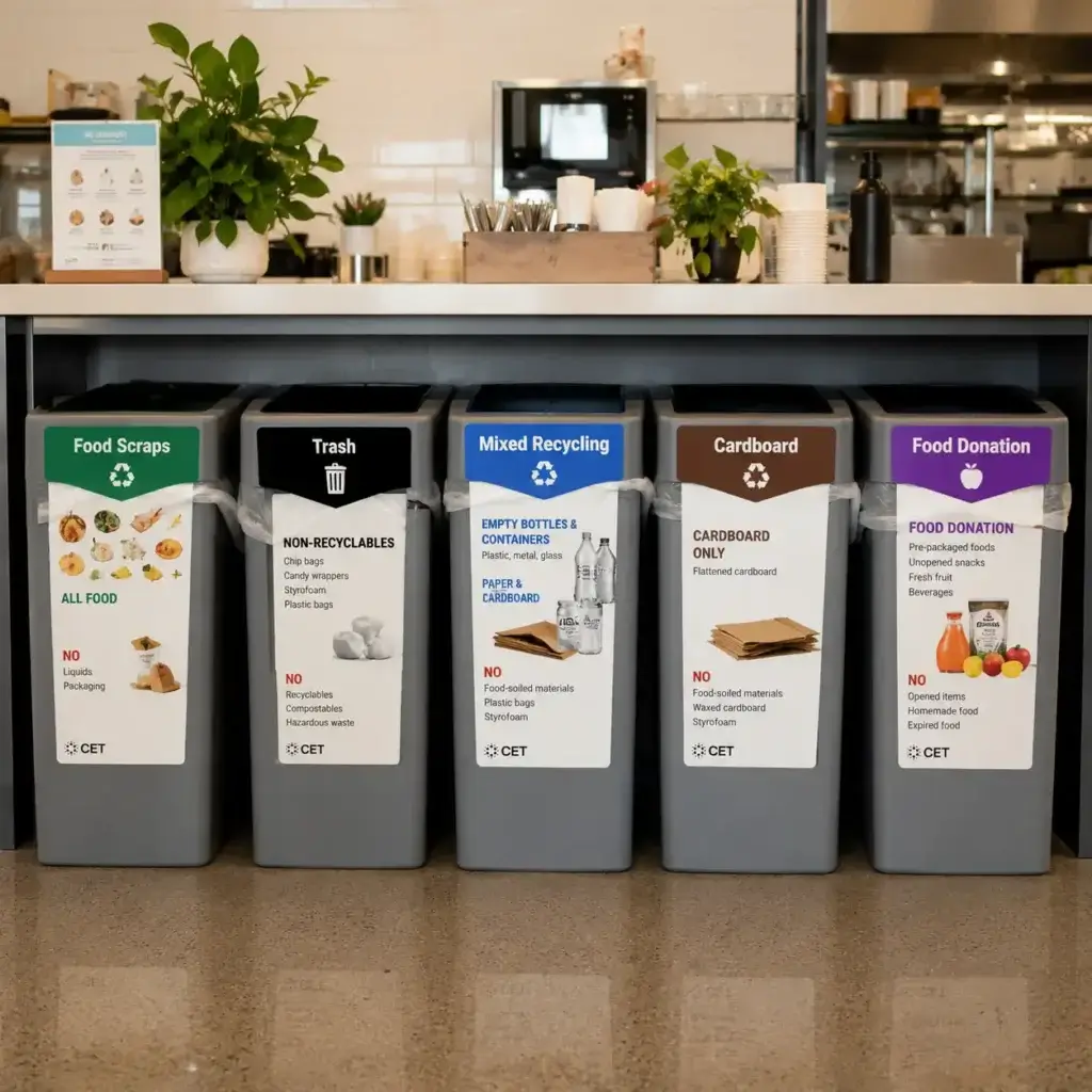Waste bin signage in a cafeteria showing labeled bins for food scraps, trash, mixed recycling, cardboard, and food donation