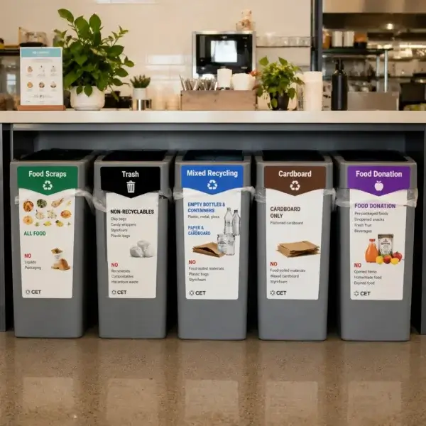 Waste bin signage in a cafeteria showing labeled bins for food scraps, trash, mixed recycling, cardboard, and food donation