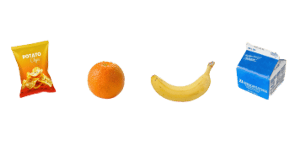 chip bag, an orange, a banana and a milk box