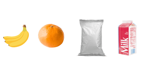 banana, tangerin, chip bag, milk in carbor