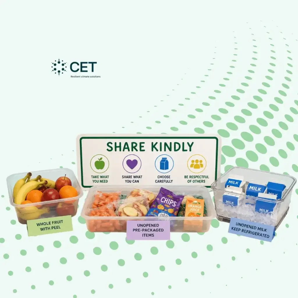 a table with fruit, un open chips and milk
