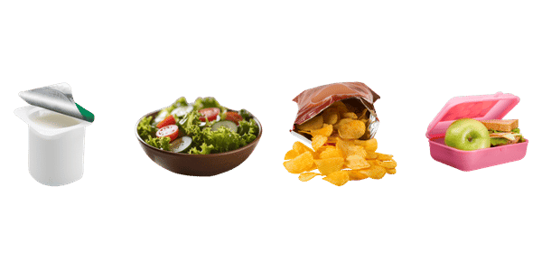 open yogurt, salad, open chip bag, sandwich in a container