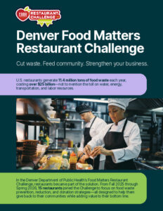 Denver Food Matters Restaurant Challenge graphic featuring restaurant kitchen staff preparing food and promoting wasted food prevention, reduction, and donation.