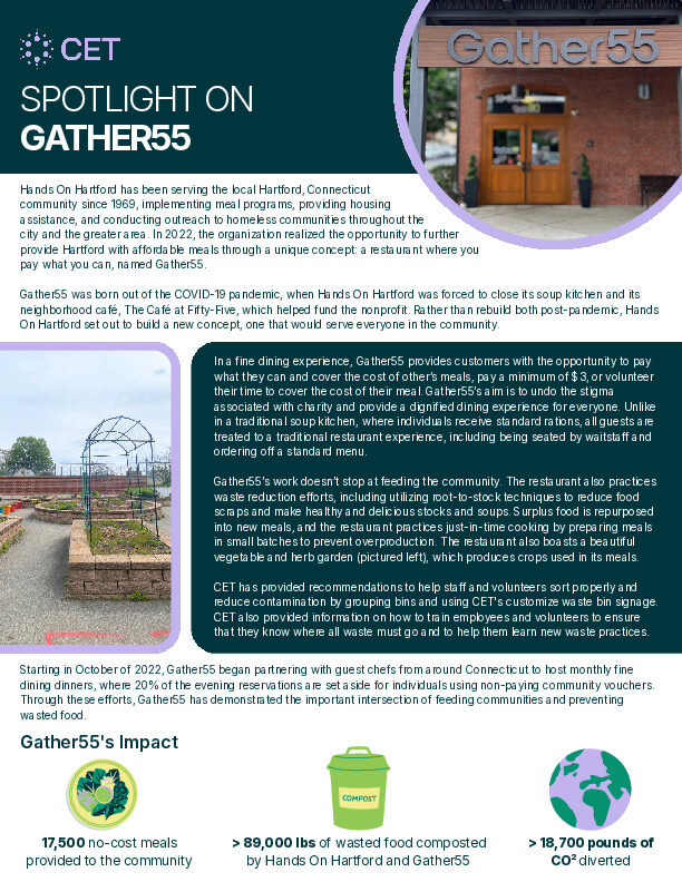 CET Spotlight on Gather55, highlighting the Hartford restaurant’s pay-what-you-can meal program, wasted food reduction efforts, community garden, and environmental impact.