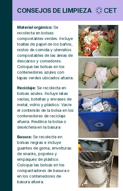 Cleaning tip sheet in Spanish for food scraps, recycling, and trash collection