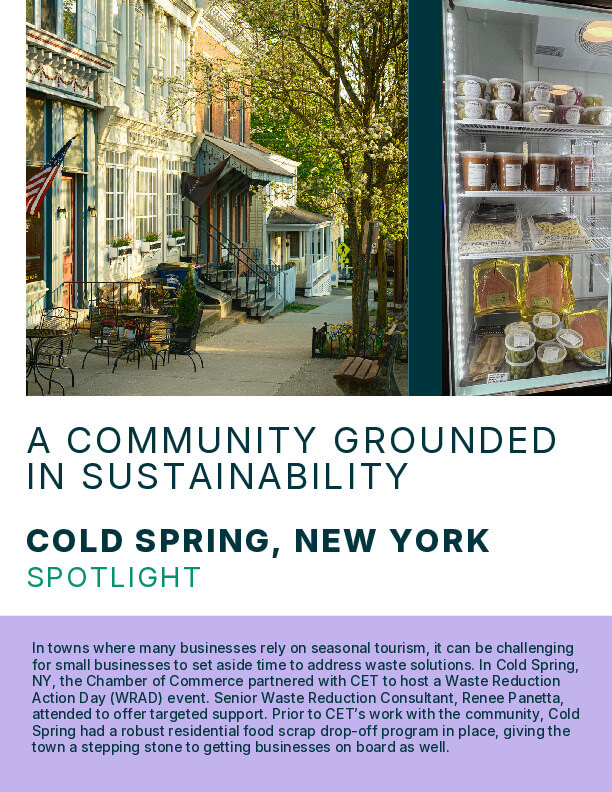 Main Street storefronts in Cold Spring, New York, alongside a display case of prepared foods at Marbled Meat.