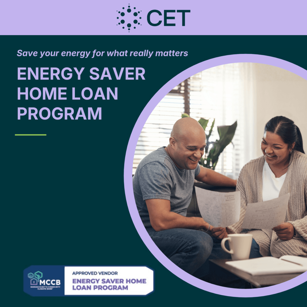 Text: "Save your energy for what really matters Energy Saver Home Loan Program" "CET" "MCCB Approved Vendor" Image of homeowner couple smiling while looking at documents sitting on a couch